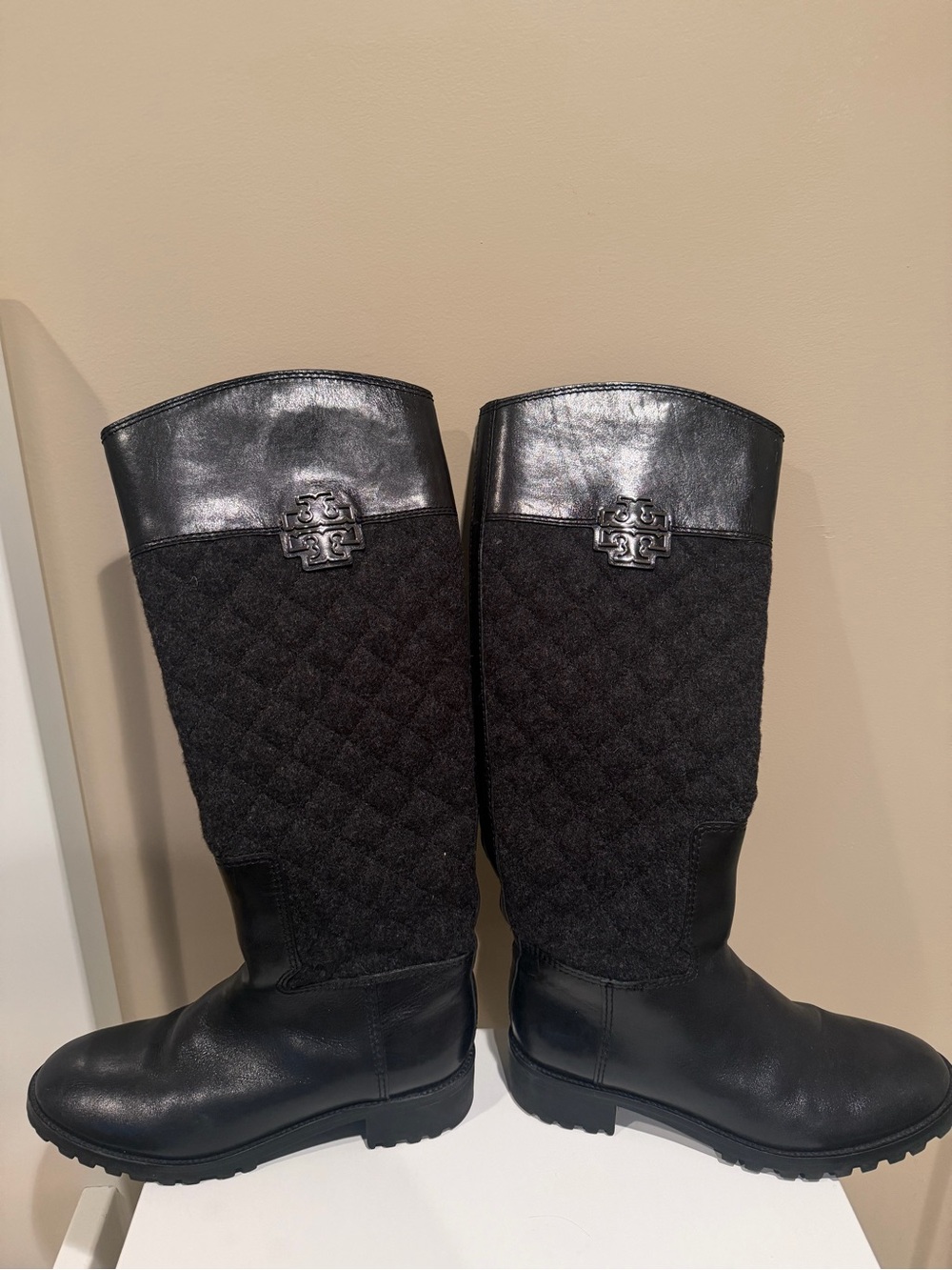 Tory Burch Quilted Flannel & Leather Tall Riding Boots 8.5 Black - Melinda